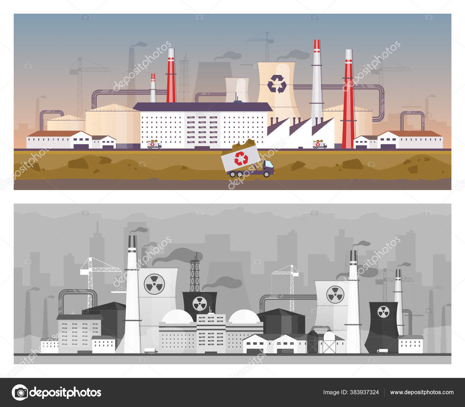 Recycling and power plant flat color vector illustrations set. Energy  station and waste management factory 2D cartoon landscapes. Air and land  pollution, industrial environment contamination Stock Vector by ©IMG  visuals characters 383937324, image size:1600x1399