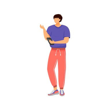 Man with smartphone, online customer flat color vector faceless character. Guy in sportswear, boy making online order isolated cartoon illustration for web graphic design and animation clipart