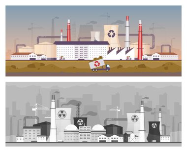Geri dönüşüm ve elektrik santrali düz renk vektör çizimleri ayarlandı. Enerji istasyonu ve atık yönetim fabrikası 2D karikatür manzaraları. Hava ve kara kirliliği, endüstriyel çevre kirliliği