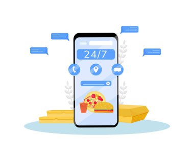 24 saat yiyecek ekspres düz konsept vektör çizimi. Online sipariş izleme mobil uygulaması. İnternet restoranı, hazır yemek siparişi ve kurye teslimatı yaratıcı fikir
