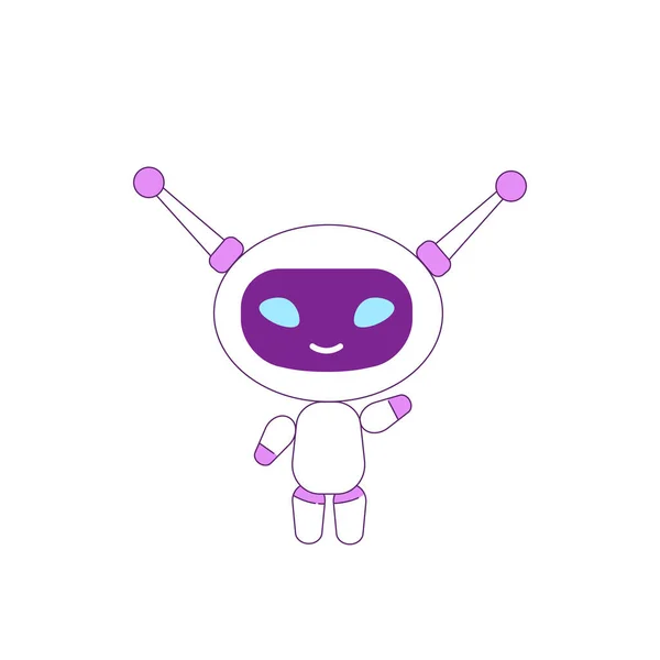 Cute nowoczesny robot fioletowy obiekt liniowy. Futurystyczny żeński bot machający cienkim symbolem linii. Sztuczna inteligencja technologia zabawka odizolowany zarys ilustracji na białym tle — Wektor stockowy