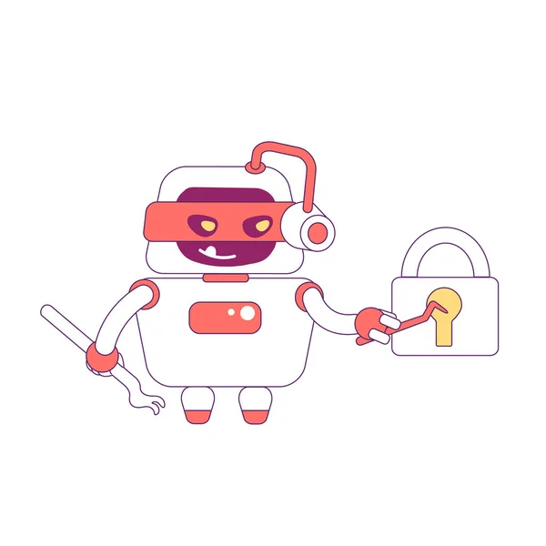 Hacker robot rosso oggetto lineare. Bad bot rompere blocco sottile linea simbolo. Password software di hacking, tecnologia di intelligenza artificiale isolato contorno illustrazione su sfondo bianco — Vettoriale Stock