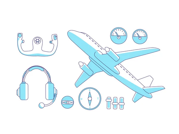 Ensemble d'objets linéaires turquoise aviation. Avion, volant et tableau de bord, outils aviateur mince ligne symboles pack. Matériel pilote illustrations de contours isolés sur fond blanc — Image vectorielle