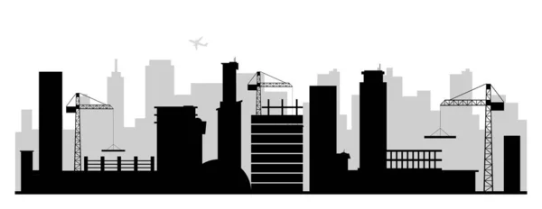 Illustrazione vettoriale silhouette nera del cantiere. Moderno paesaggio monocromatico città in via di sviluppo. Ambiente urbano 2d forma di cartone animato con grattacieli e gru di sollevamento. Industria edile — Vettoriale Stock