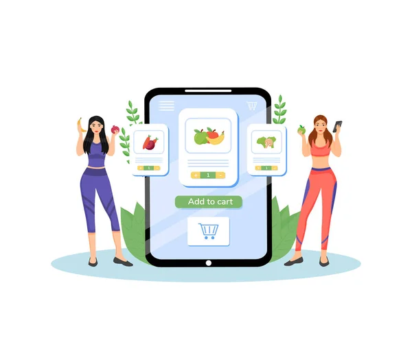 Healthy nutrition plan flat concept vector illustration. Female nutritionists, dieticians 2D cartoon characters for web design. Fresh fruits and vegetables delivery service creative idea — Stock Vector