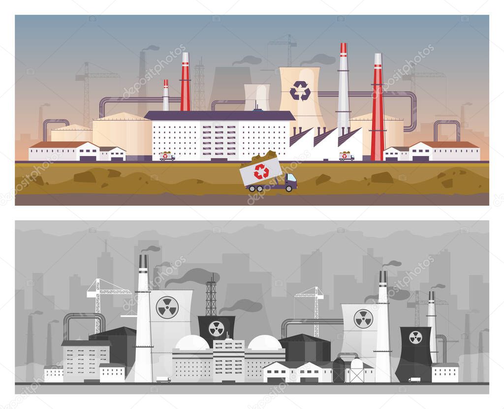 Recycling and power plant flat color vector illustrations set. Energy station and waste management factory 2D cartoon landscapes. Air and land pollution, industrial environment contamination