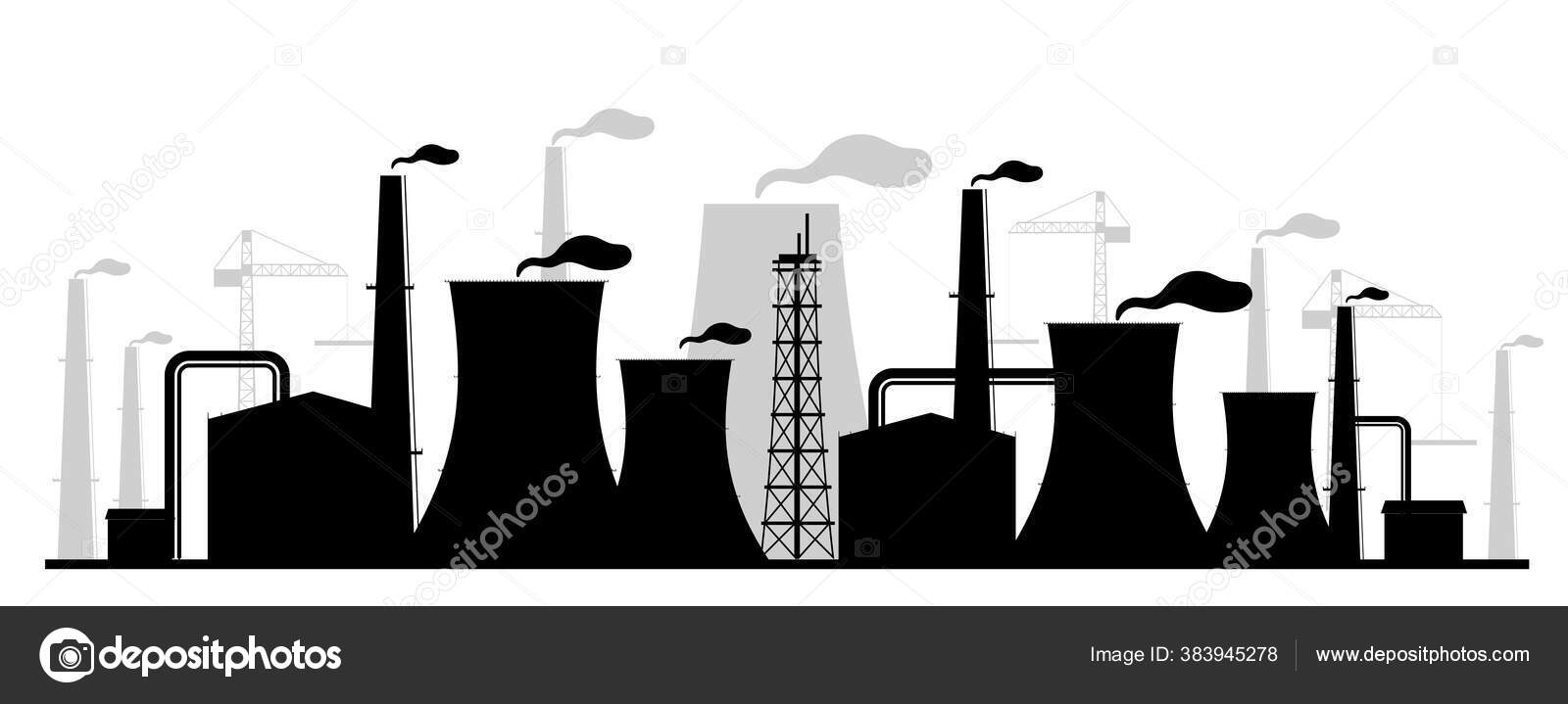 Power plant black silhouette vector illustration. Industrial facility  monochrome landscape. Atomic energy station 2d cartoon shape with reactors  and chimneys. Air pollution, environment contamination Stock Vector by ©IMG  visuals characters 383945278, image size:1600x719