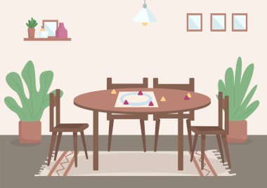 Place for family leisure flat color vector illustration. Table for board games for daytime entertainment. Tabletop setting for playing. Livingroom 2D cartoon interior with decor on background clipart