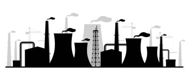 Elektrik santrali siyah siluet vektör çizimi. Endüstriyel tesis tek renkli peyzaj. Atomik enerji istasyonu 2d reaktörleri ve bacaları olan karikatür şekli. Hava kirliliği, çevre kirliliği