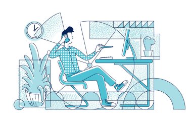 İş yerindeki ofis müdürü düz siluet vektör çizimi. Çalışan, beyaz arka planda telefon hatlarıyla konuşmakla meşgul. Grafik tasarımcı, yaratıcı ofis, basit biçim çizimi