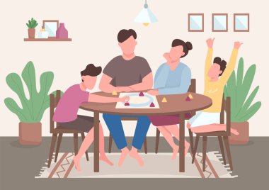 Family play board game flat color vector illustration. Kids and parents spend time together. Mom and dad play tabletop game. Relatives 2D cartoon characters with interior on background clipart