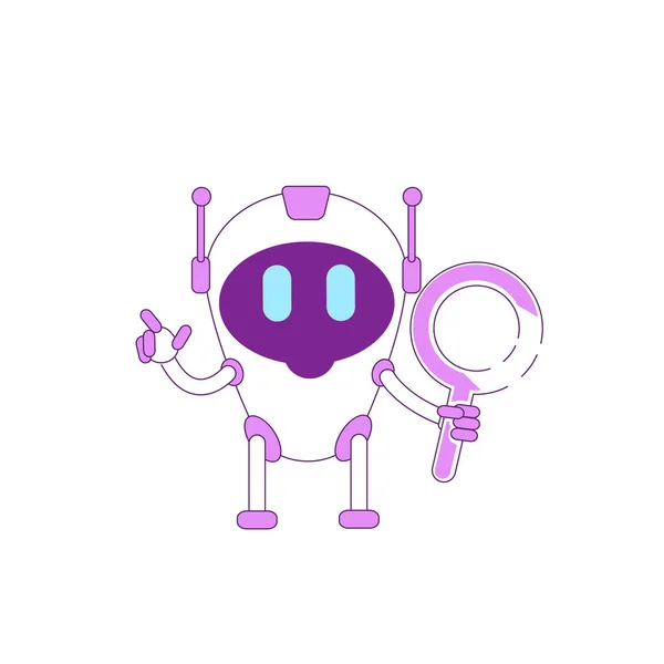 Cute modern robot with magnifying glass violet linear object. Futuristic bot searching information thin line symbol. AI cyborg isolated outline illustration on white background — Stock Vector