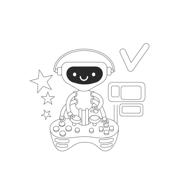 Vídeo game bot linha fina conceito vetor ilustração. Robô bonito jogando com console joystick personagem de desenho animado 2D para web design. Inteligência artificial não jogador ideia criativa — Vetor de Stock