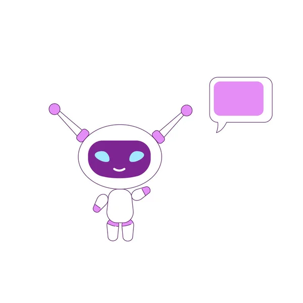 Asistente virtual de color plano de carácter vectorial. Boy bot saludando de la mano. AI sonriendo y saludando. Robot humanoide púrpura con ilustración de dibujos animados aislados de burbujas de voz para diseño gráfico web y animación — Archivo Imágenes Vectoriales