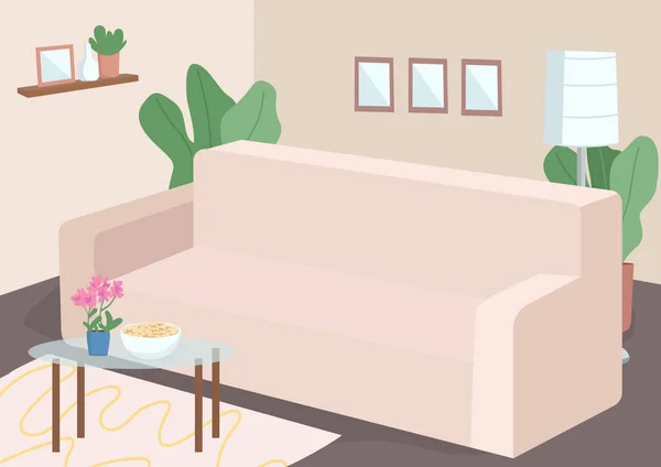 Couch untuk ilustrasi vektor warna datar waktu luang keluarga. Sofa di ruang tamu di siang hari. Coffetable dengan pot bunga. Rumah perabotan. Ruang tamu interior kartun 2D dengan dekorasi di latar belakang - Stok Vektor