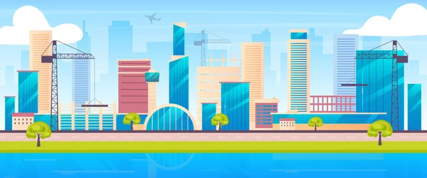 Metropolis városkép lapos színű vektor illusztráció. Városi építési telek 2D rajzfilm táj daruk és felhőkarcolók a háttérben. Építőipar. Fejlődő város, lakókörzet — Stock Vector