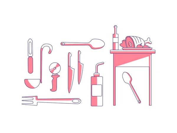 Kulinariska objekt röda linjära objekt som. Kötträtt och vinflaska, köksredskap tunn linje symboler pack. Bestick, matlagning utrustning isolerade kontur illustrationer på vit bakgrund — Stock vektor
