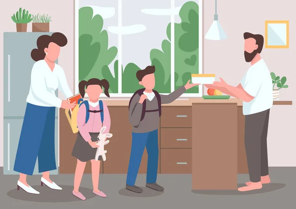 Ouderschap platte kleur vector illustratie. Ouders helpen kinderen zich klaar te maken voor school. Papa geeft de lancering aan zoon. Mam, help dochter. Familie routine 2D stripfiguren met interieur op achtergrond — Stockvector