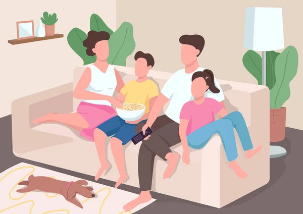 Família assistir TV plana ilustração vetorial cor. Os pais com crianças adolescentes relaxam no sofá. A mãe e o pai ligam-se a crianças. Parentes personagens de desenhos animados 2D com interior no fundo — Vetor de Stock