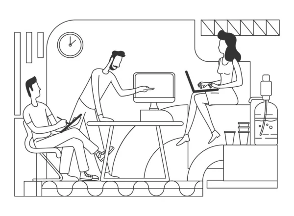 Trabajo en equipo ilustración vectorial de línea fina. Empresarios y empresarias coworking esbozan personajes sobre fondo blanco. Cooperación de los trabajadores de oficina y lluvia de ideas dibujo estilo simple — Archivo Imágenes Vectoriales