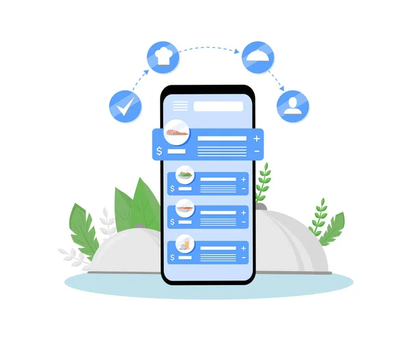 Online stravování nákup a dodání objednávky mobilní aplikace plochý koncept vektorové ilustrace. Stravování, vaření na internetu. Internet restaurace menu, příprava výživy kreativní nápad — Stockový vektor