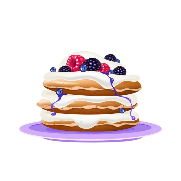 Pancake con crema e bacche illustrazione vettoriale realistica — Vettoriale Stock