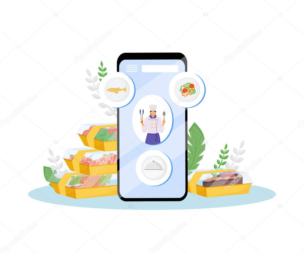 Restaurant food online order and delivery flat concept vector illustration. Cafe chef, chief-cooker 2D cartoon character for web design. Delicious meals ordering mobile application creative idea