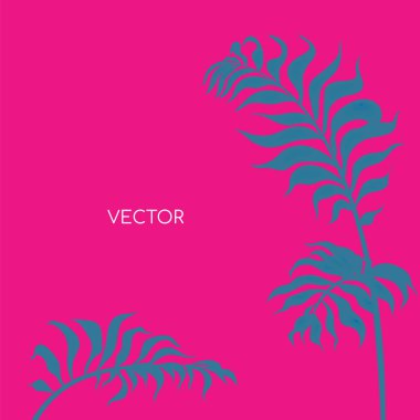 Botanik şubesinin düz renk vektör arka planı. Canlı pembe arka planda gri eğreltiotu dalı. Çiçek yaprakları. Tropik yaz tatili sosyal medya paylaşımı. Egzotik tatil beldesi web pankartı şablonu