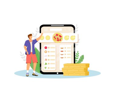 Pizza üreticisi, fast food çevrimiçi düz konsept vektör çizimi sipariş ediyor. Müşteri, adam web tasarımı için 2D çizgi film karakteri seçiyor. Pizzacı internet servis yaratıcı fikri