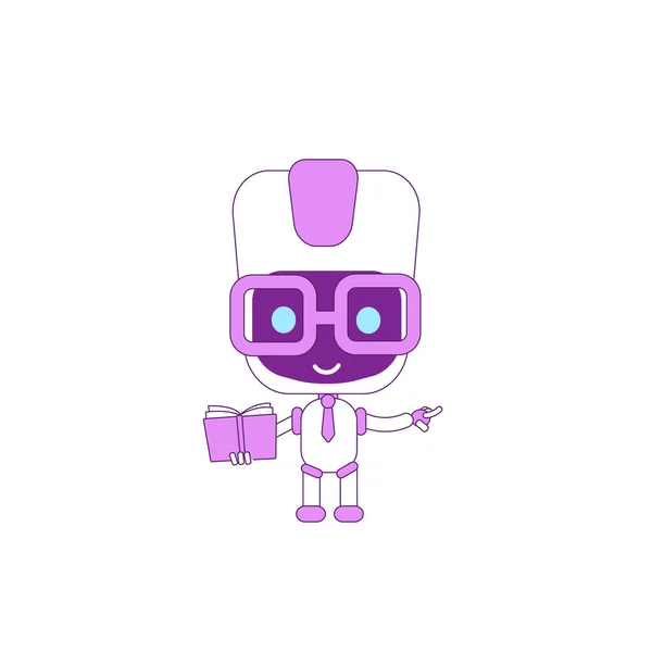 Lindo robot moderno con lupa violeta objeto lineal. Bot futurista dando información símbolo de línea delgada. AI apoyo en línea ilustración contorno aislado sobre fondo blanco — Archivo Imágenes Vectoriales
