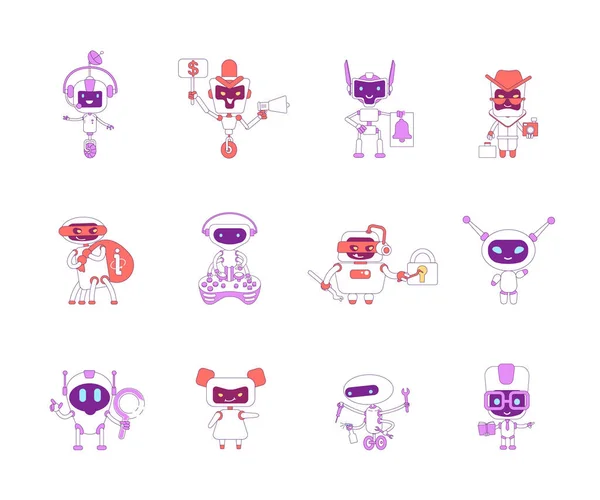 Robotar röda och violetta linjära objekt inställda. Dåliga och bra robotar tunna linjer symboler pack. Information stöld, personlig assistans programvara isolerade skissera illustrationer på vit bakgrund — Stock vektor