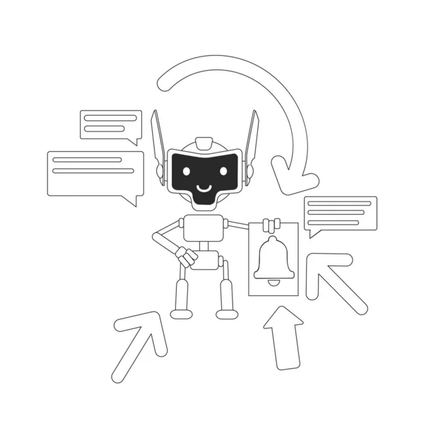 Agregador bot delgada línea concepto vector ilustración. Boletín automatizado. Los correos electrónicos y noticias de envío de robot 2D personaje de dibujos animados para el diseño web. Asistente de marketing por email digital idea creativa — Vector de stock