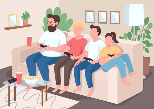 Родинні зв'язки Векторна ілюстрація плоского кольору. Діти сидять на дивані з батьками. Діти грають у відеоігри. Мама и папа с гамепадами. Відносні 2D персонажів мультфільму з інтер'єром на задньому плані — стоковий вектор