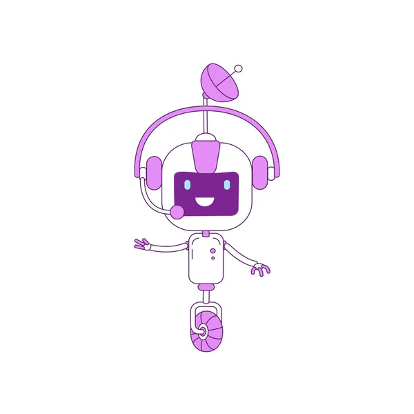 Robô moderno bonito com fone de ouvido operador objeto linear violeta. Suporte online futurista e serviço de telemarketing bot símbolo de linha fina. AI cyborg ilustração esboço isolado sobre fundo branco — Vetor de Stock