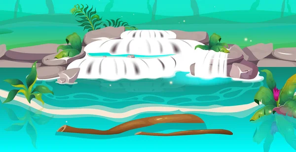 Джунглі плоский колір Векторні ілюстрації. Чистий водоспад. Ставок з гілкою дерева, що тече. Процвітає в озері. Краса природи. Водний потік. Тропічний 2D мультяшний пейзаж з зеленню на фоні — стоковий вектор