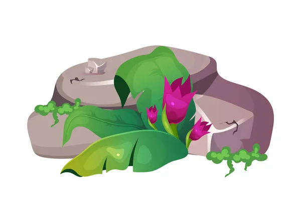 Illustration vectorielle de dessin animé Jungle. Partie montagne avec feuillage. Moulu avec des feuilles et fleurir. Roche avec fleur objet de couleur plate. Nature subtropicale isolée sur fond blanc — Image vectorielle