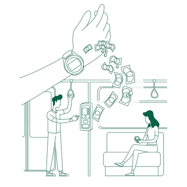 E-betalning, elektronisk biljett köpa tunn linje koncept vektor illustration. Människor i kollektivtrafik, passagerare med e-biljetter 2D seriefigurer för webbdesign. Smart klocka kreativa idé — Stock vektor