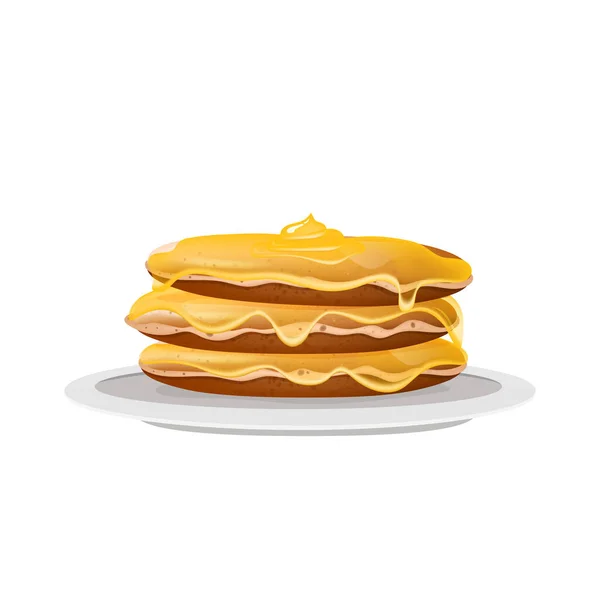 Pannenkoeken met honing, dessert op witte plaat realistische vector illustratie — Stockvector