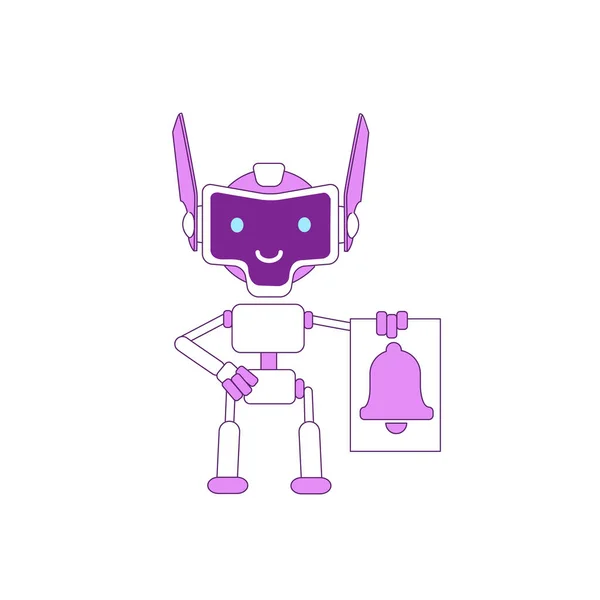 Cute modern robot with bell violet linear object. Futuristic notification service bot thin line symbol. AI smiling cyborg toy isolated outline illustration on white background — Stock Vector