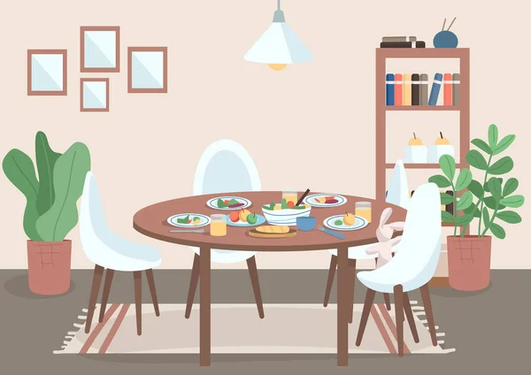 Ilustrasi vektor warna datar ruang makan. Meja dengan kursi dan makanan di piring. Spot untuk makan keluarga. Rak dekat pot tanaman. Interior kartun Livingroom 2D dengan furnitur di latar belakang - Stok Vektor