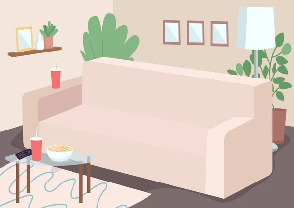 Sofá para el ocio familiar ilustración vector de color plano. Sofá en el salón. Coffetable con taza de plástico y controlador de TV. Casa amueblada. Sala de estar 2D interior de dibujos animados con decoración en el fondo — Vector de stock