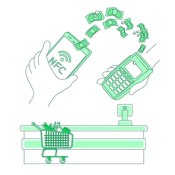 E-Payment Terminal Thin Line Konzept Vektor Illustration. Mobiles Bezahlen, Menschen mit intelligenten Geräten 2D-Comicfiguren für Webdesign. NFC-Bezahlung, Geldüberweisung, E-Wallet-Anwendung kreative Idee — Stockvektor