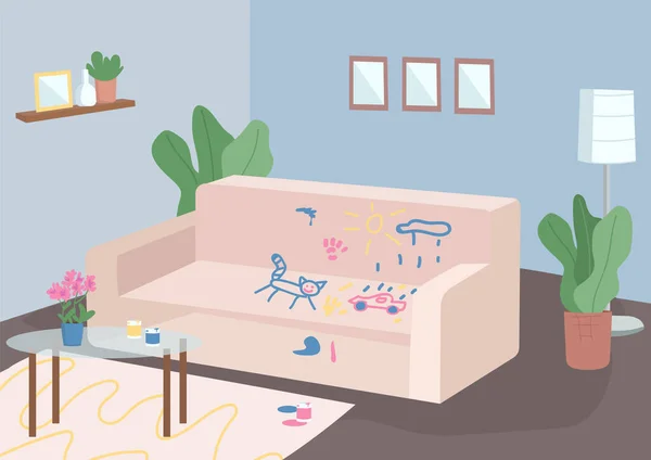 Chaotický obývací pokoj plochý barevný vektor ilustrace — Stockový vektor