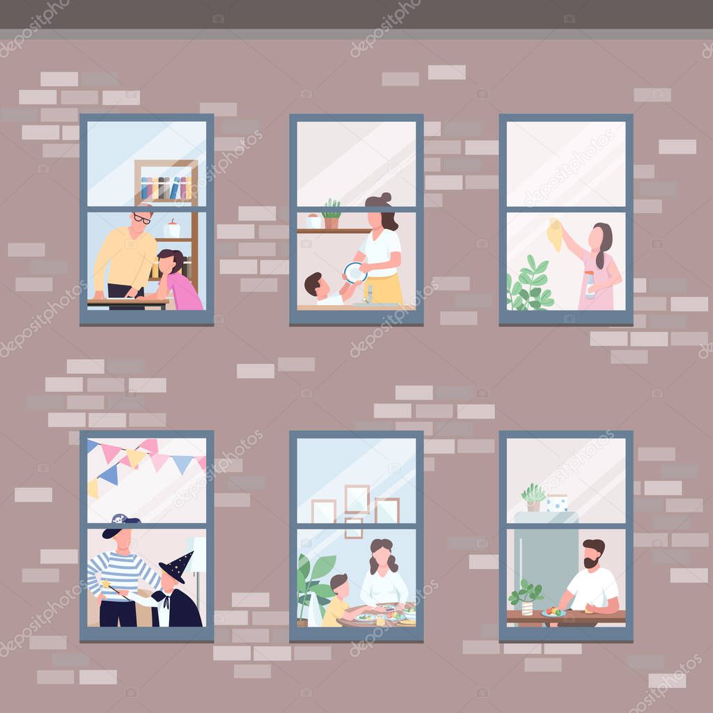 People in different apartments windows flat color vector illustration. Morning routine. Man eat breakfast. Woman clean up. Self isolated relatives 2D cartoon characters with interior on background
