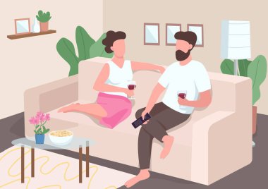 Ev tarihi düz renk vektör çizimi. Erkek arkadaş ve kız arkadaş televizyon izler. Çift koltukta oturmuş şarap içiyor. Romantik ortaklar arka planda 2D çizgi film karakterleri