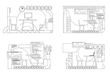 Ofis içi tasarımı ana tasarım vektör çizimleri ayarlandı. Yaratıcı stüdyo mobilyalı odalar beyaz arka plandaki kompozisyonları belirler. Eşzamanlı alan basit biçim çizimleri koleksiyonu