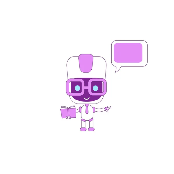 Virtual assistant flat color vector character. Boy bot holding book. AI point direction. Purple humanoid robot with speech bubble isolated cartoon illustration for web graphic design and animation — Stock Vector