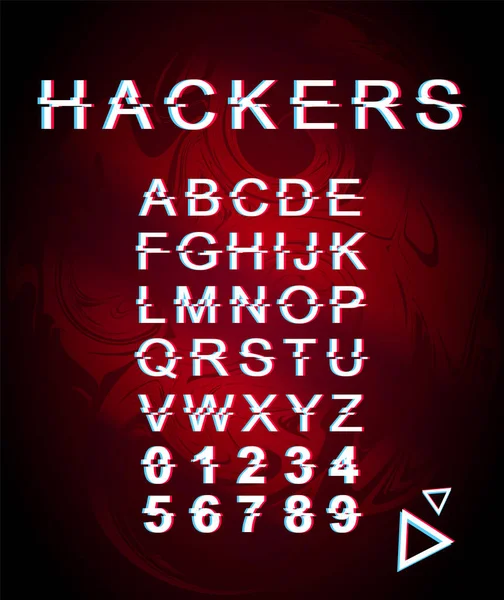 Hackers glitch plantilla de fuente. Alfabeto vectorial de estilo futurista retro establecido sobre fondo holográfico rojo. Letras mayúsculas, números y símbolos. Diseño de tipografía cibercriminal con efecto de distorsión — Archivo Imágenes Vectoriales