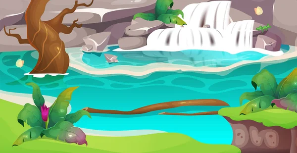 Джунглі плоский колір Векторні ілюстрації. Чистий водоспад. Ідилічний ставок в екзотичних лісах для відпочинку та подорожей. Дике середовище. Тропічний 2D мультяшний пейзаж з зеленню на фоні — стоковий вектор