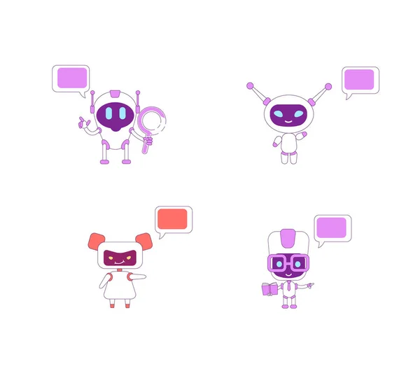 Humanoïde bots platte kleur vector karakters set. Jongen AI met boek en vergrootglas. Meisje bot assistent zwaaiend. Robot met spraakbellen geïsoleerde cartoon illustraties op witte achtergrond — Stockvector